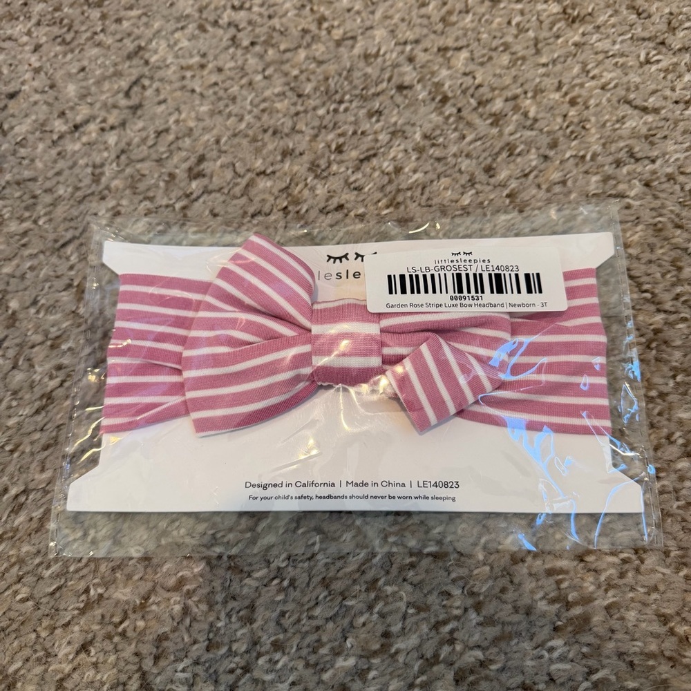 NWT Little Sleepies Garden Rose Stripe Baby Toddler Girl Bow Headband Pink White